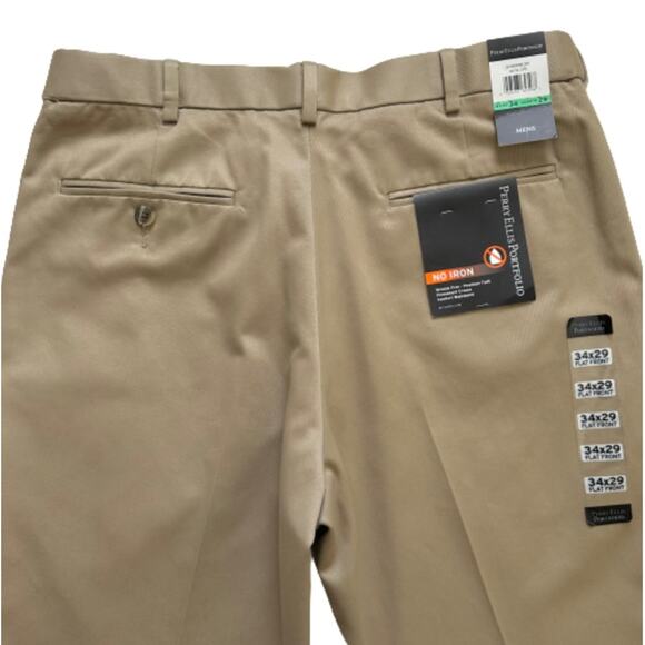 Perry Ellis Portfolio Pants Mens Cotton Khaki Flat Front No Iron Pant Size 34X29 - Picture 7 of 11